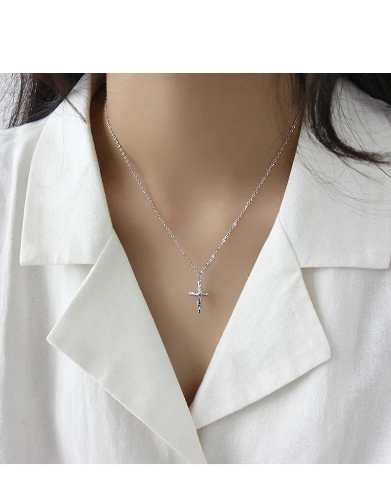 F.I.N.S Religious Style S925 Sterling Silver Necklace INS Korean Two-tone Irregular Concave Cross Female Necklace Clavicle Chain