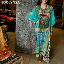 Зеленое богемное летнее пляжное платье с принтом размера плюс, туника для женщин, пляжная одежда с рукавом летучая мышь, длинное Хлопковое платье макси N661