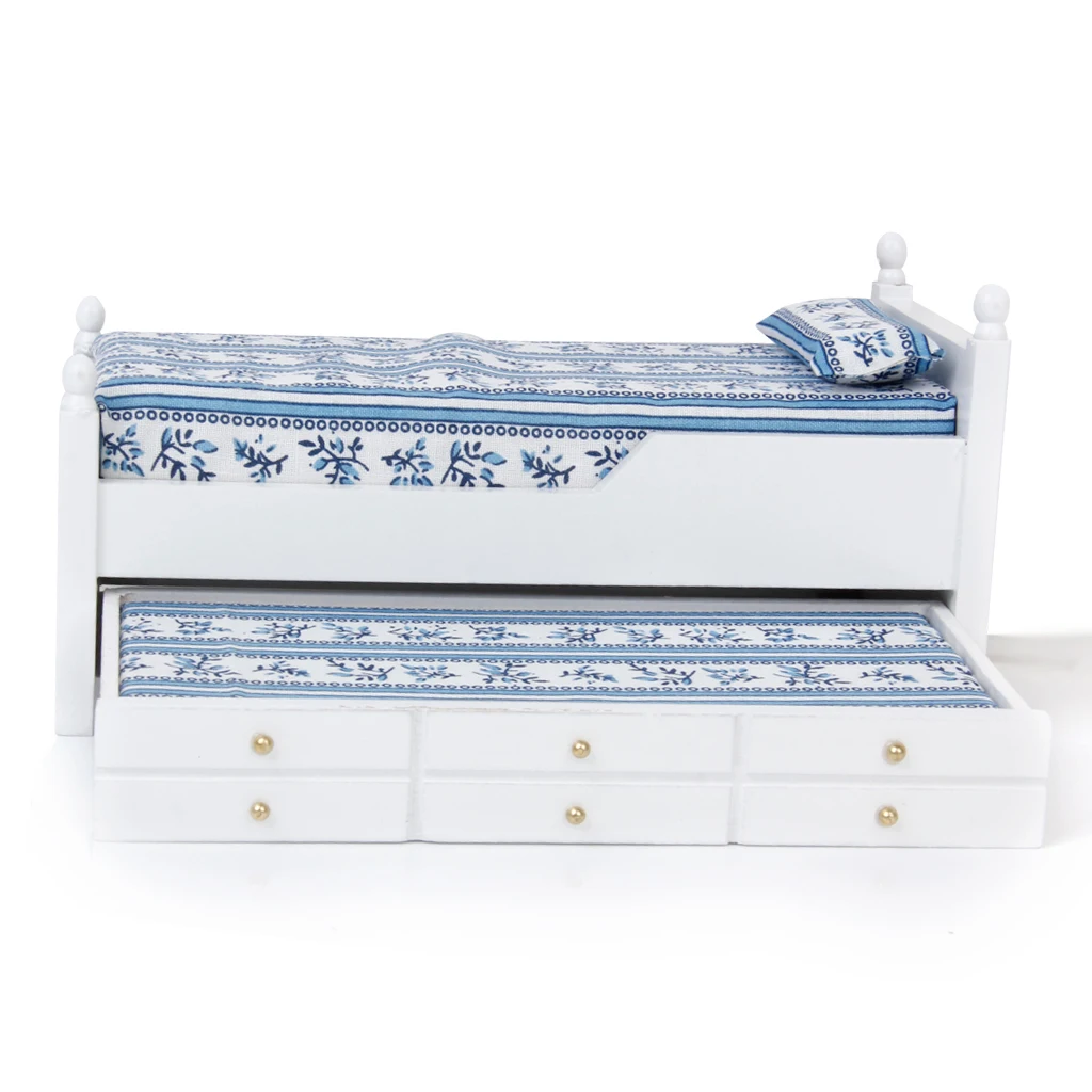 Mini Wooden Bed with Drawer for 1/12 Dolls House Miniature Bedroom Furniture Decor