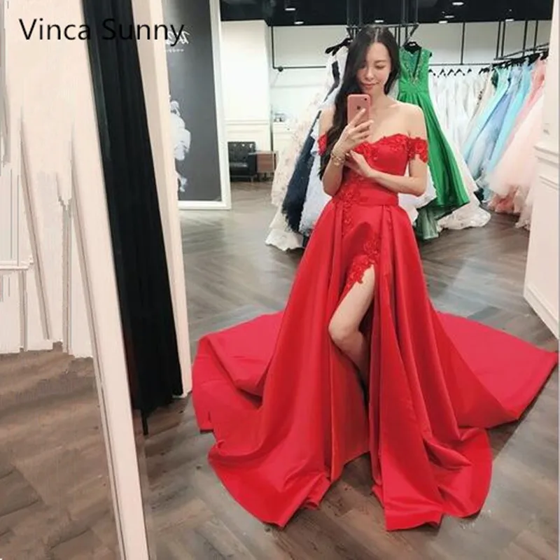 

Off Shoulder Red A Line Evening Dresses 2019 Sexy Long Side Split Party Prom Gowns Floor Length Plus size