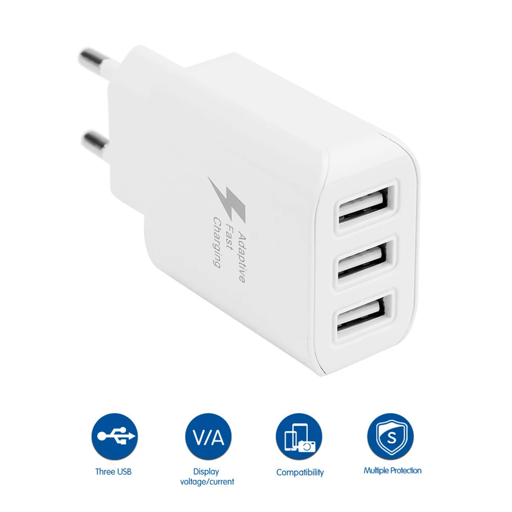 

EU Plug 3 Port Smart USB Charger Multiple Mobile Phone Device Fast Charging Wall Adapter Replacement for iPhone Android