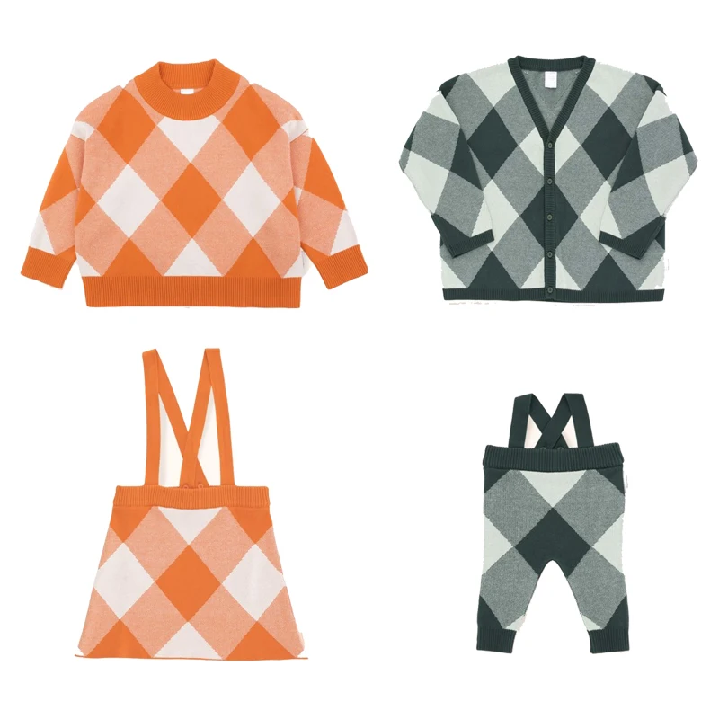 

Kids Knitwear Tiny Cottons 2018Winter Baby Boys Girls Knitted Clothes Set Big Check Mock Cardigan Sweater Knit Braces Skirt Pant