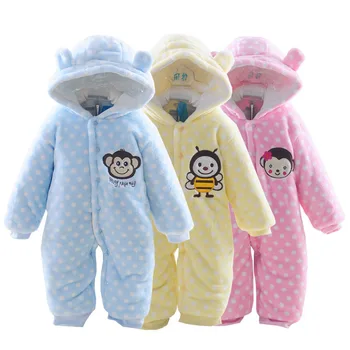 

New Hot sale thick coral velvet hooded Romper dot cartoon climbing clothes warm winter rompers