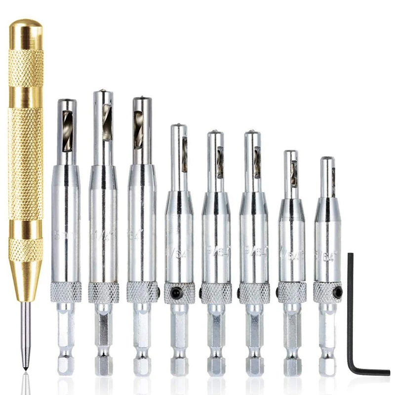 

8 Center Drill Kits With Automatic Center Punch, Self-Centering Hinge Tapper Core Hole Puncher Woodworking Tools, 5/64inch 7/6