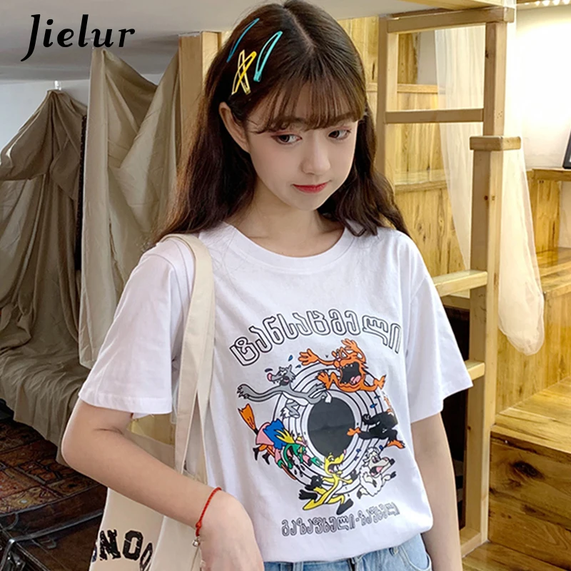 Jielur Ulzzang футболки женские смешной мультяшный принт шикарно простая футболка