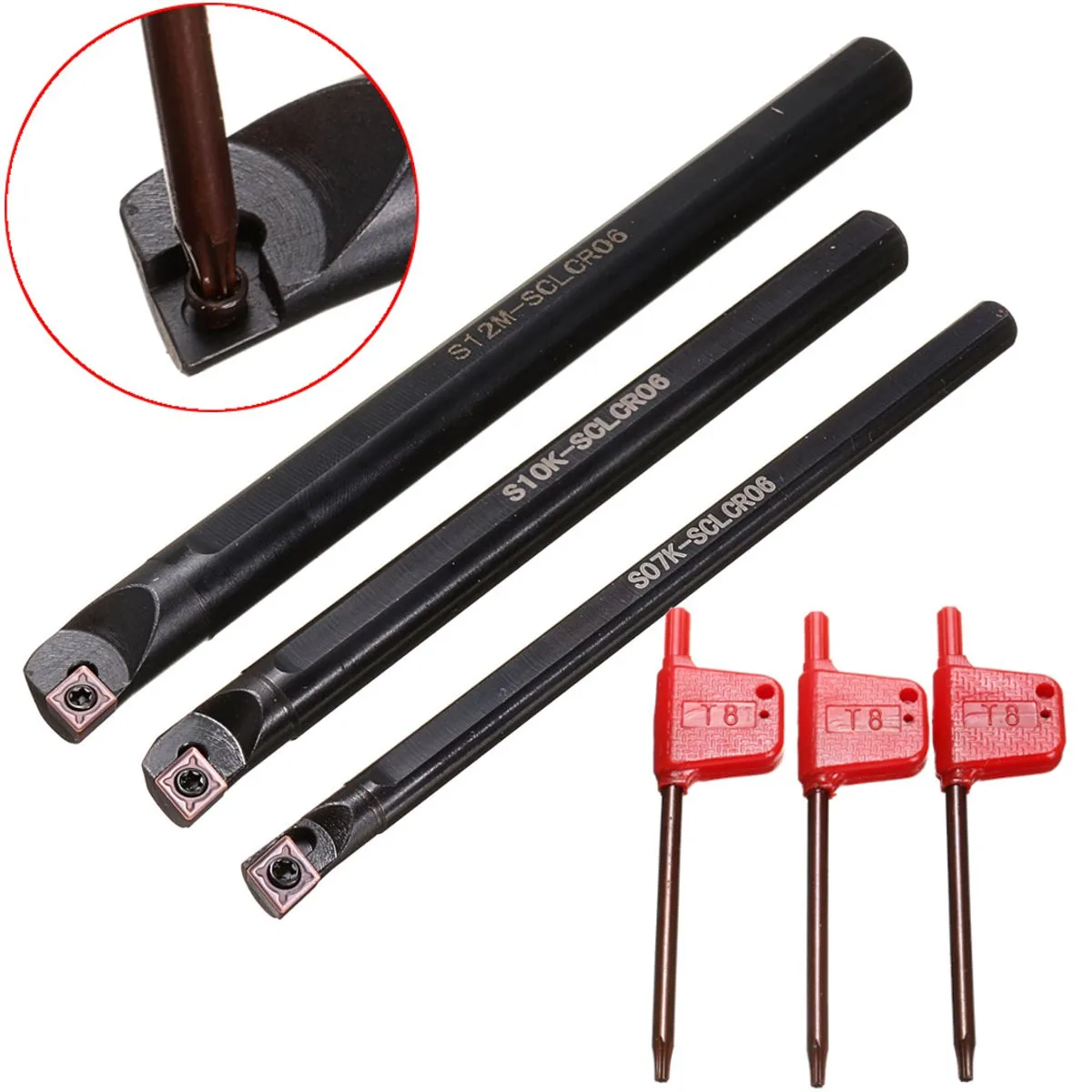 

Newest 3Set Right Hand S07K-SCLCR06 /S10K-SCLCR06/S12K-SCLCR06 Boring Bar Turning Tool Holder +CCMT060204-HM Insert +T8 Wrench