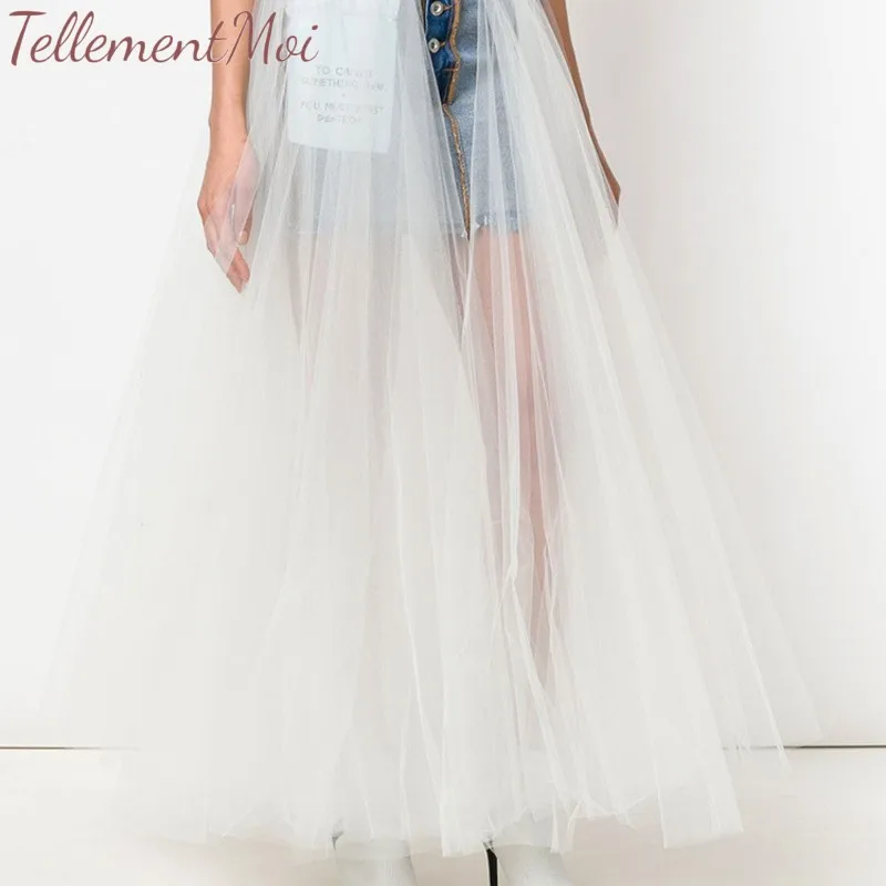 

Tulle Patchwork Skirts For Women New Fashion Spring Mesh Split High Waist Packet Demin Skirt Female Casual Long Jeans Skirt