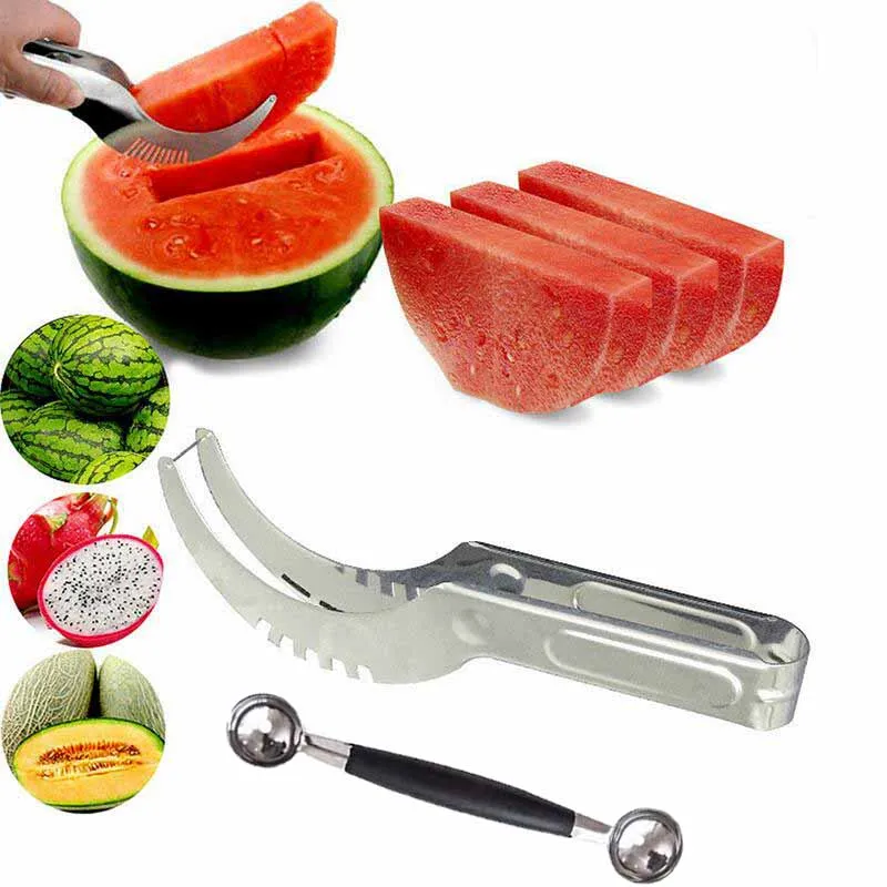 

Stainless Steel Watermelon Slicer Fruit Knife Cutter And Ice Cream Ballers Melon Scoop Double Size Spoon Set