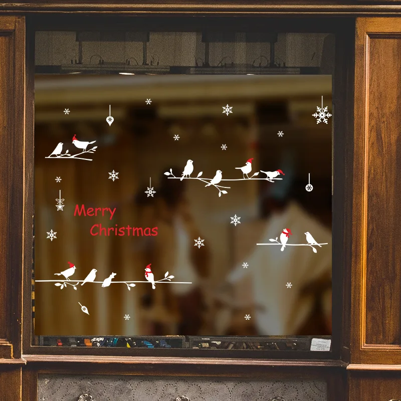 Рождественские наклейки на стену, окна, снежинка, ветка, Наклейка Настенная с птицей, год, Рождество, ПВХ, художественные декоративные наклейки 35*50 см