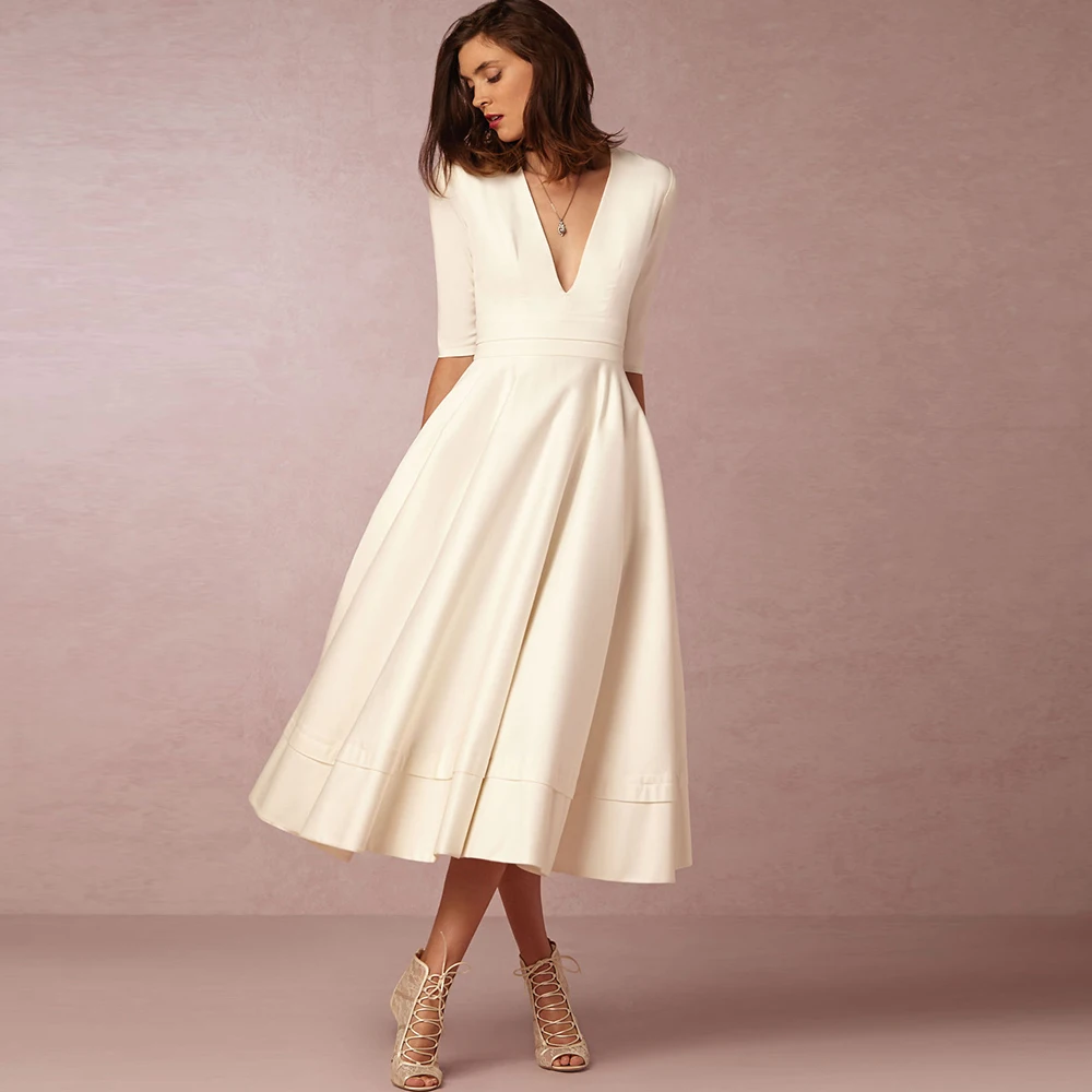 

Dower Me Modest Elegant Women Dress Deep V Neck Midi A-line Vestido Wedding Party Half Sleeve Plus Size Swing Autumn White Dress