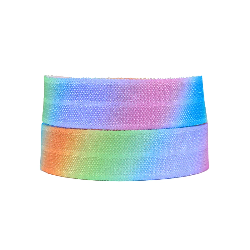 

Free shipping 5/8" rainbow color gradient foe ribbon, high quality rainbow ombre spandex nylon fold over elastic
