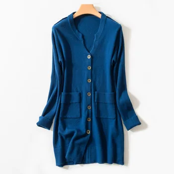 

Women's sweater new solid color knit cardigan long single-breasted cashmere sweater commuter round neck ladies wool thin pocket