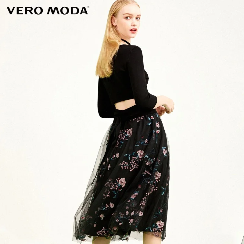 Vero Moda summer new style with mesh gauze embroidery A-line three-quarter sleeve round neck dress | 318146505