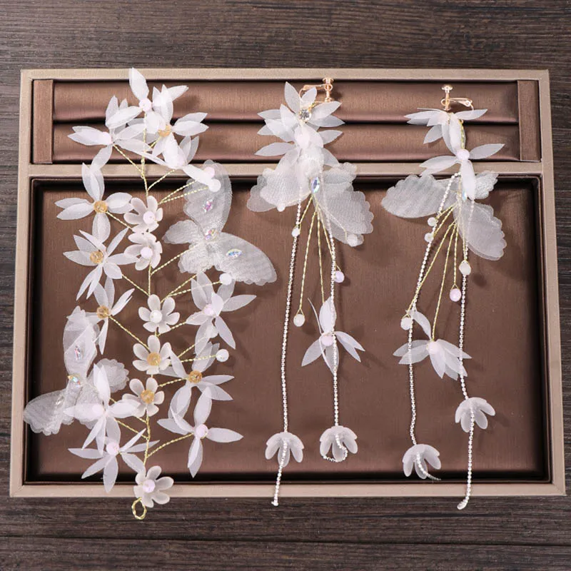 

Delicate Flowers Headpieces Earring Sets Girls Sweet Romantic Hairpins Earrings Bride Wedding Butterfly Hair Jewelry Set