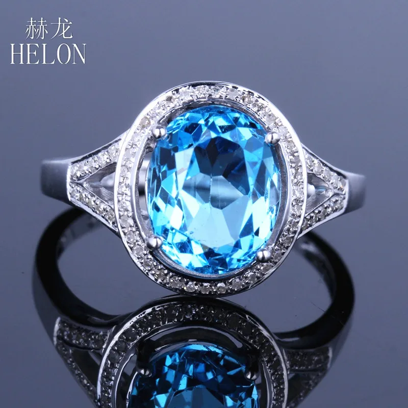 

HELON 10x8mm Oval Solid 10K White Gold Prong 100% Genuine Blue Topaz Setting Natural Diamonds Halo Fine Engagement Wedding Ring