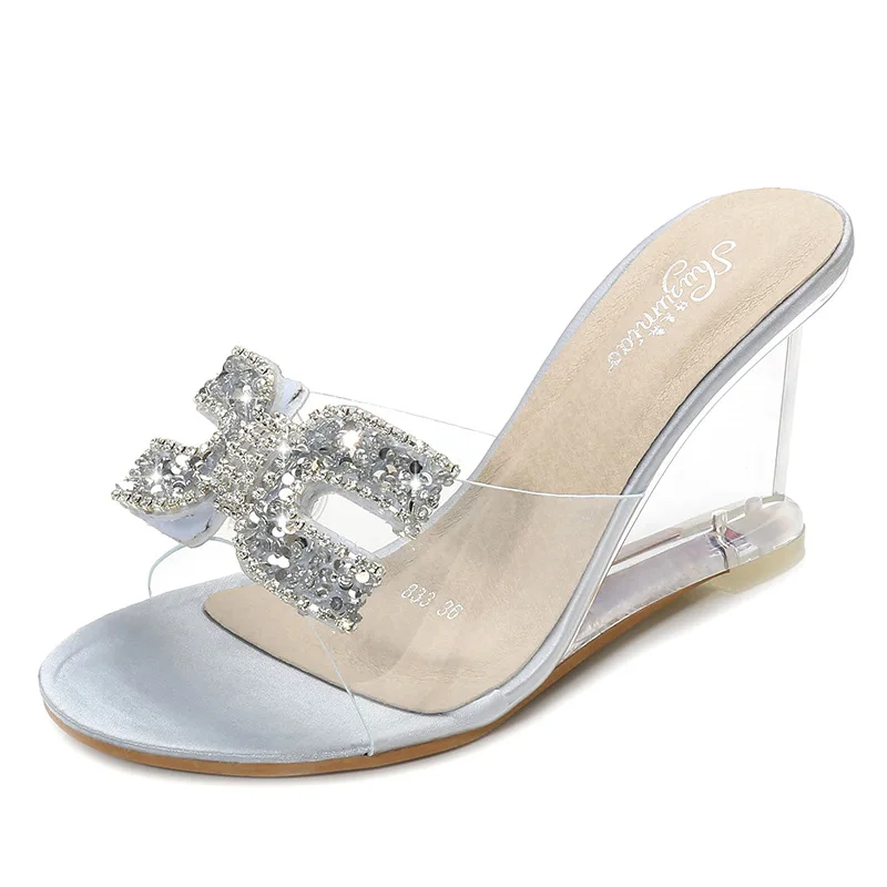 

Ladies Sexy Female Rhinestone Transparent Heel Wedges Slip On Shoe High Heel Crystal Sandals Women Summer Peep Toe Sandals