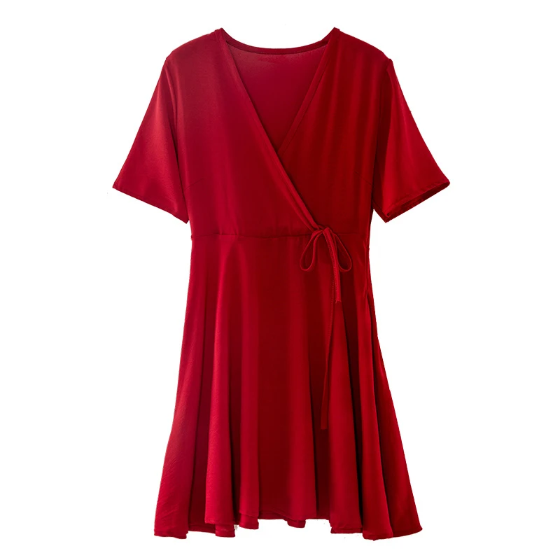 Summer Dress 2018 Korean Ladies Sexy Red Chiffon V-Neck Short Sleeve A-Line Dresses Elegant Vestido Fashion Hot New ZL108 | Женская