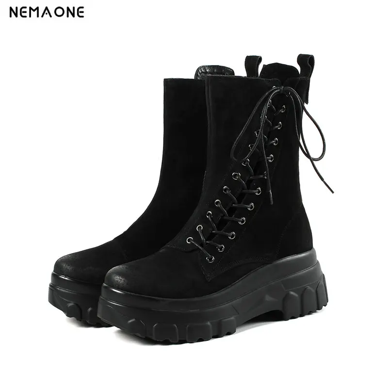 

NemaoNe Women's Boots Autumn Leather Handmade Retro Finishing Boots Platform Flat Shoes Genuine Leather Boots for Women