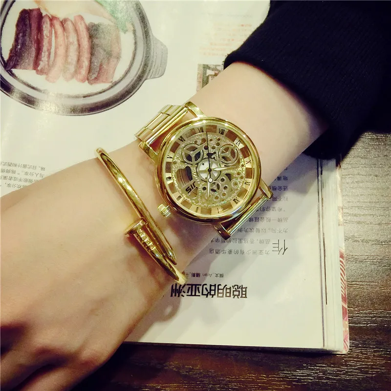 

Relogio Feminino 2017 New Luxury Fashion Hollow Casual Stainless Steel Men Skeleton Watch Women Quartz Dress Wristwatch clock