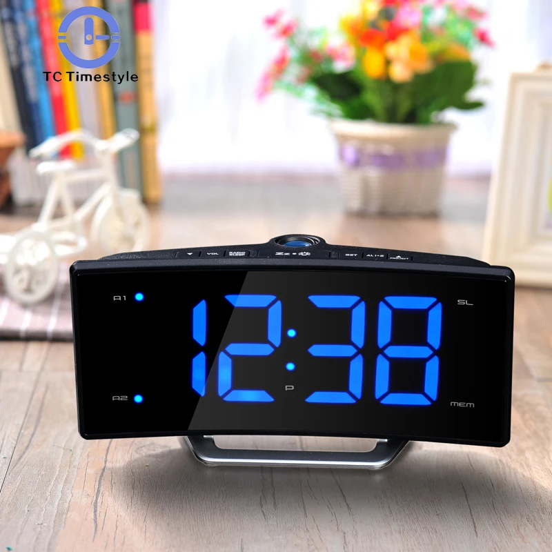 

Arc Led Projection Alarm Clock Modern Decoration Desktop Clock With Radio Student Bedside Snooze Alarm Clock Adjust Brightness