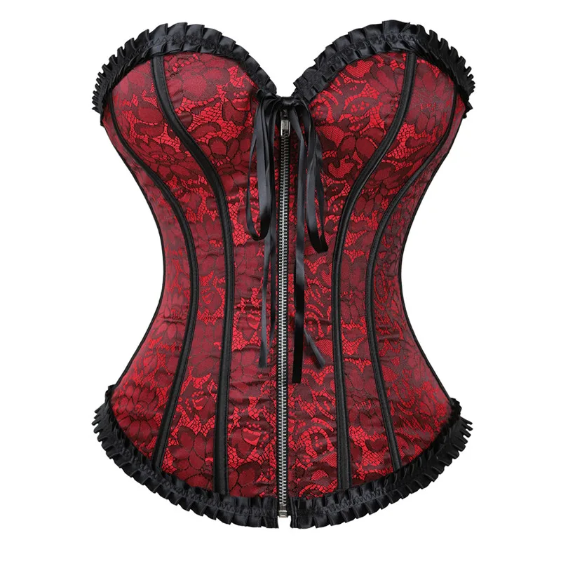 

women's overbust corsets with zipper front lingerie basque plus size satin flower print bustier top vintage korsett exotic style