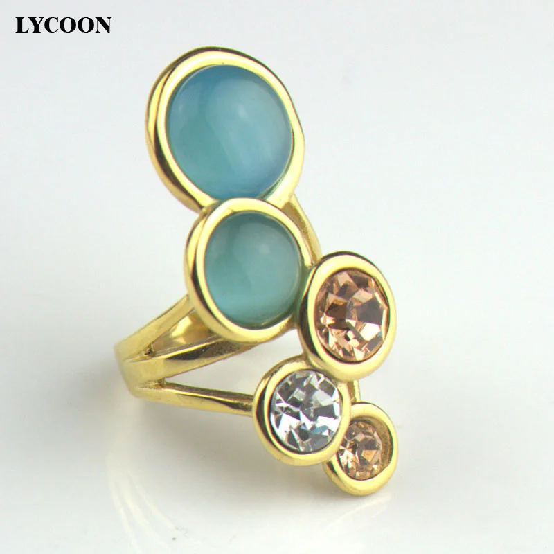 

LYCOON newest round sky blue opals jewelry ring for women stainless steel plate gold-color opals stone rings luxury party rings