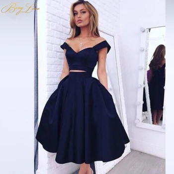 

Simple Knee Length Homecoming Dress 2020 Two Pieces Navy Satin Homecoming Gown Prom Dress Graduation Dress vestido de formatura