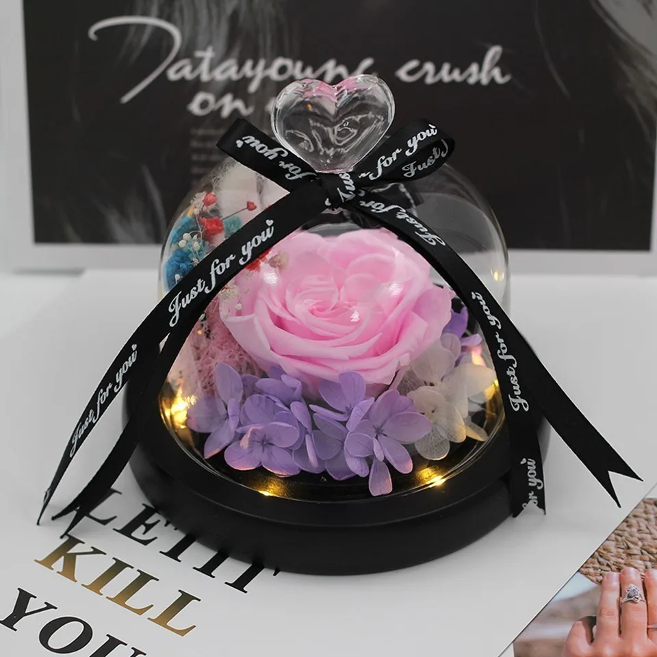 Консервированная в стеклянном куполе вечные декоративные лепестки роз, красная подарочная коробка, можно положить кольцо на День Святого Валентина подарок на день рождения, подарки для женщин - Цвет: pink
