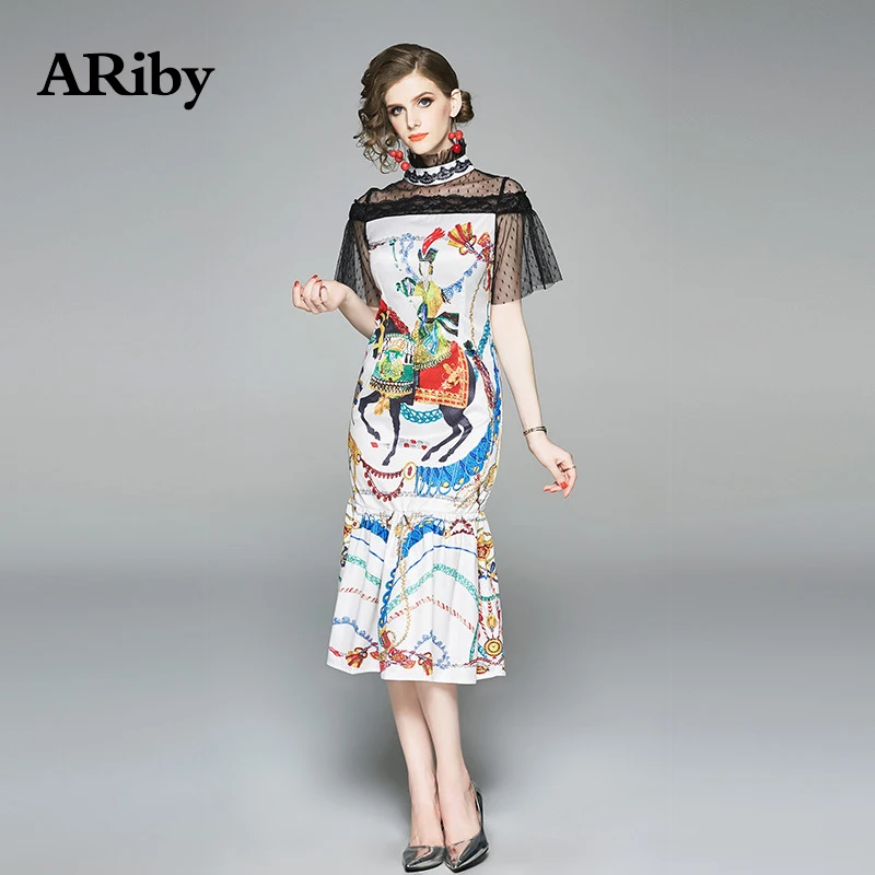 Women Dress Fishtail Dress 2019 New Summer Vintage Elegant Fashion Stand Collar Lace Printed Stitching Mid-Calf Dress Vestidos