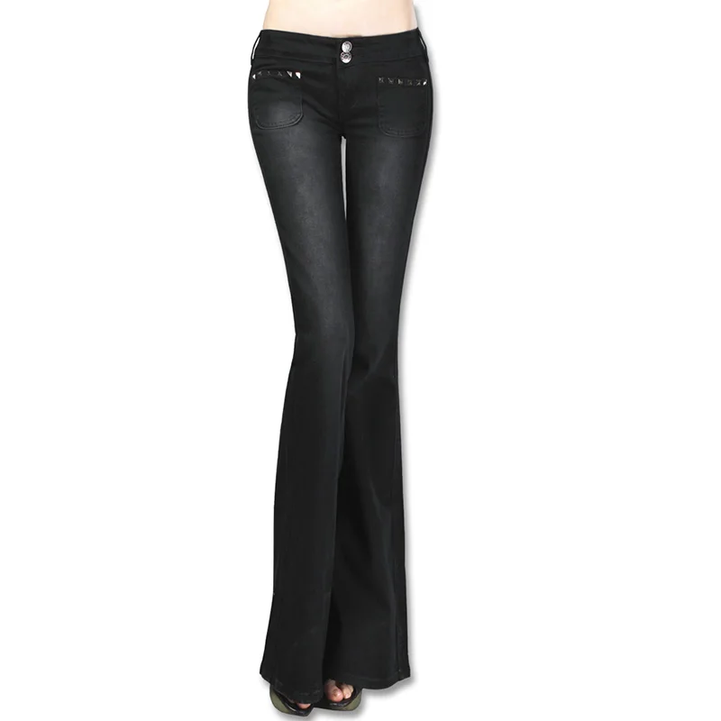 Стиль Весенняя мода Женские сапоги с Джинсы для женщин женские черные джинсовые Мотобрюки клеш Жан Брюки для девочек для женщин