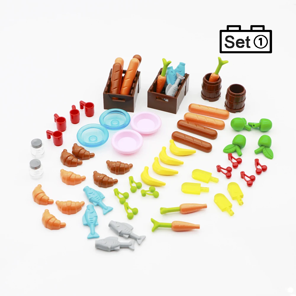 Legoed Food Accessories Friends MOC Building Blocks 110pcs Drinks Fruit Vegetable Bread Fish Bottle City Brick Toys For Children (5)