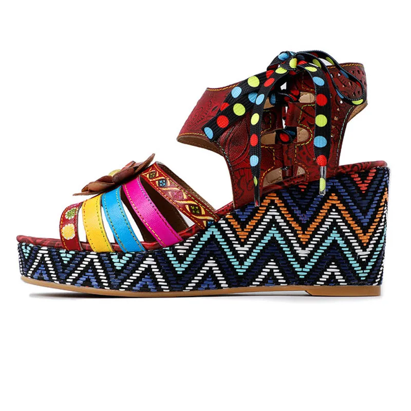 

2019 new retro wave point with printed leather female super comfortable thick-soled toe wedge sandals