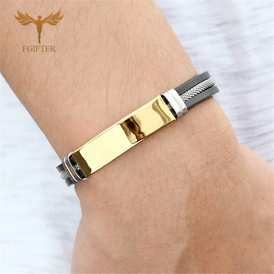

New Fashion Wristband black Punk Rubber Silicone Stainless Steel Men Bracelets Bangles with Chain pulseras hombre caucho