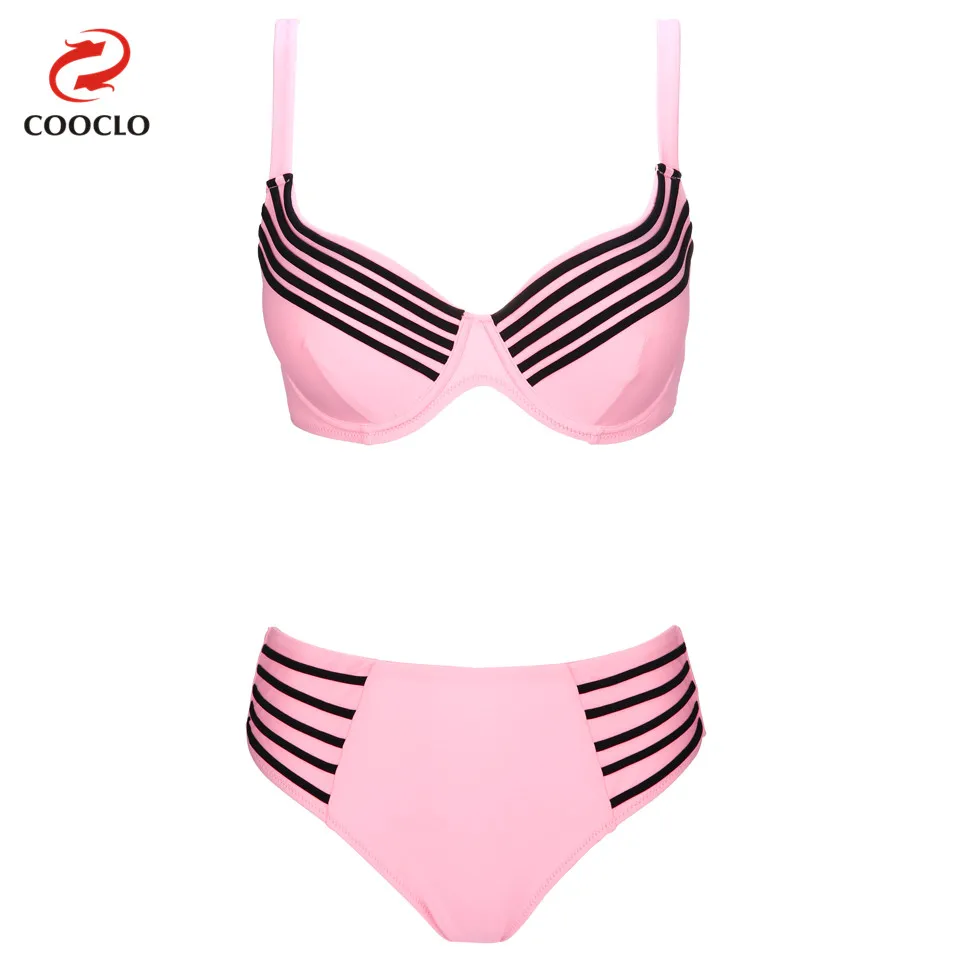 Online COOCLO Plus Größe Bikini Sexy Frauen Bademode Kontrast Farbe Striped Patchwork Bademode Push up Badeanzug Badeanzug Biquini