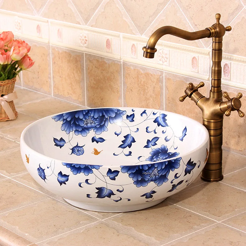 Buy Blue and white Europe Vintage Style Ceramic Sinks