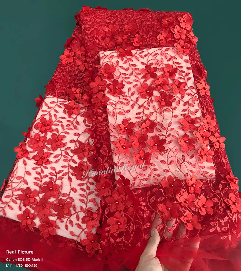 

plain red lovely floral french lace beaded African tulle lace fabric Nigerian sewing evening clothes clearance 5 yards
