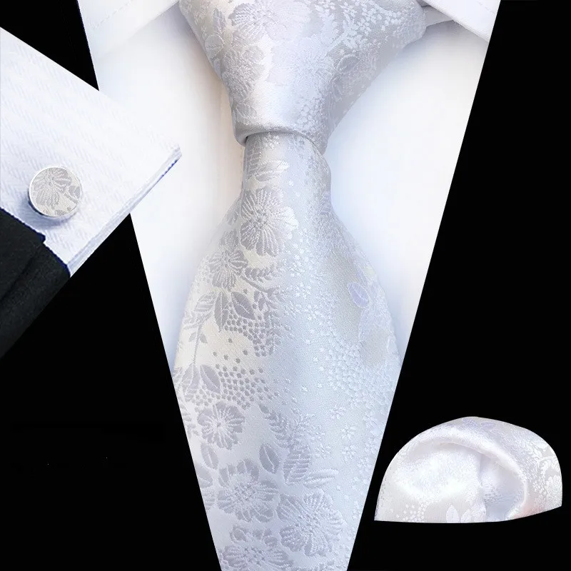 

White Classic Flower Silk Ties Hanky Cufflinks Sets Jacquard Woven Tie