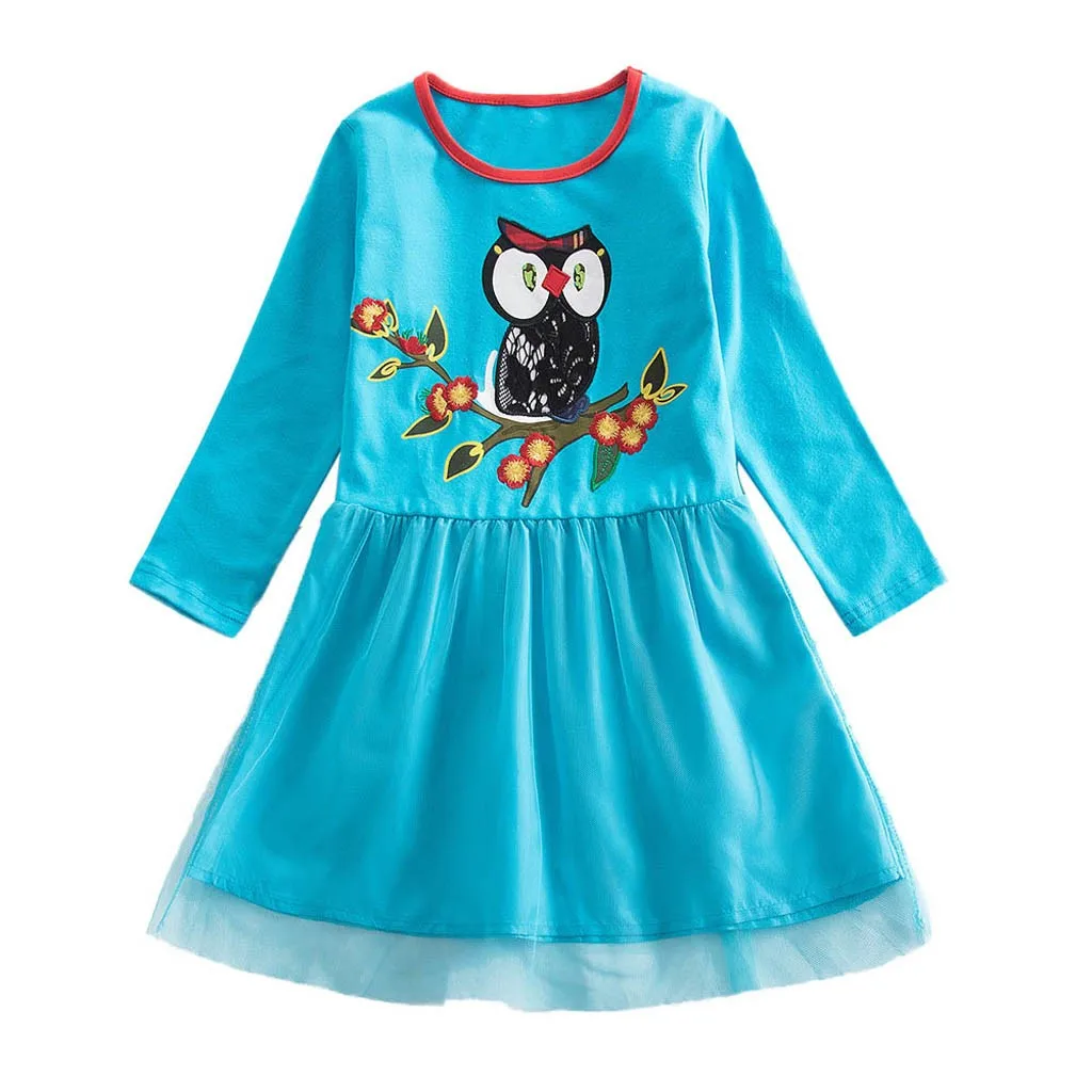 Baby Girls Dress Spring Floral Princess Long Sleeve Stitching Cartoon Owl Print Gauze for Children Clothing | Детская одежда и