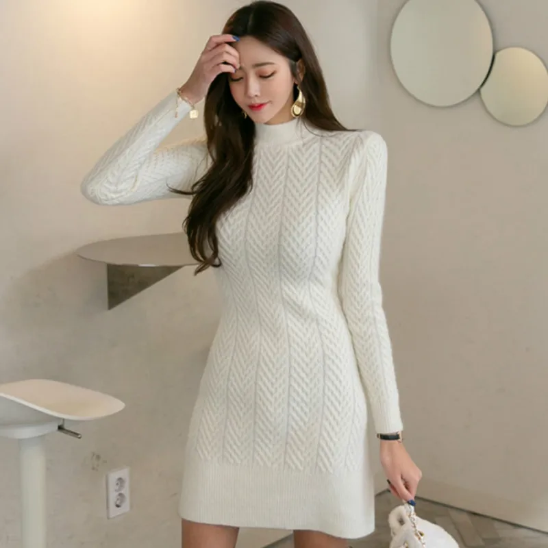 

2019 Winter Stand Neck Long Sleeve Mini Bodycon Knitted Vestidos Sheath Solid Women Sweater Dress