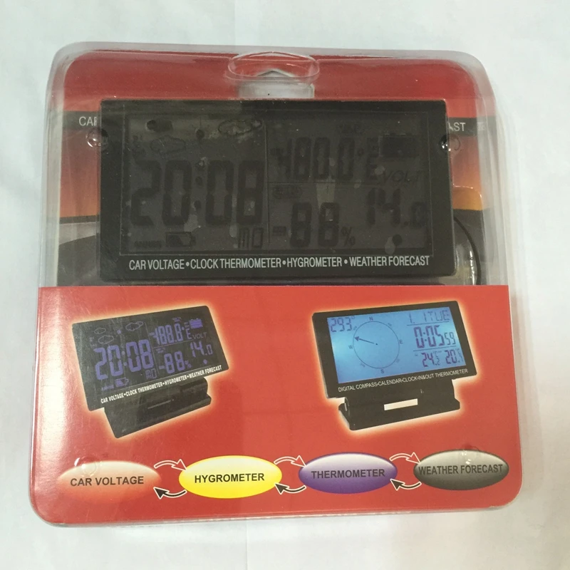 

4in1 Digital Car Thermometer Hygrometer Weather Forecast Voltage Clock Alarm 12V Large LCD Car In/Out Thermometer Blue Backlit