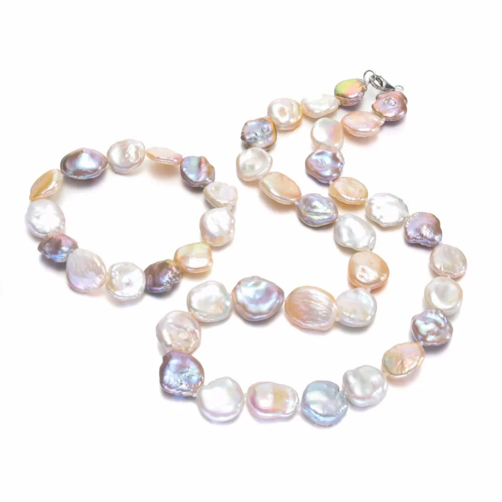 

RNUEN AA 11-13mm mixed color coin Fine Pearl Jewelry Sets Natural Freshwater Pearls Necklace Set