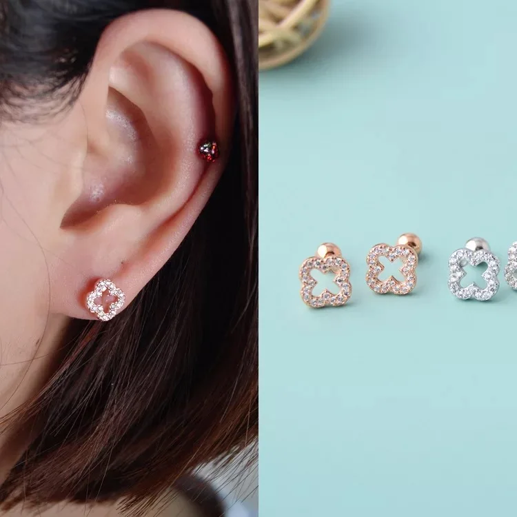 

925 sterling silver earring fashion personality zircon Hollow clover screw stud earring ear bone nails wild female girl ear jewe