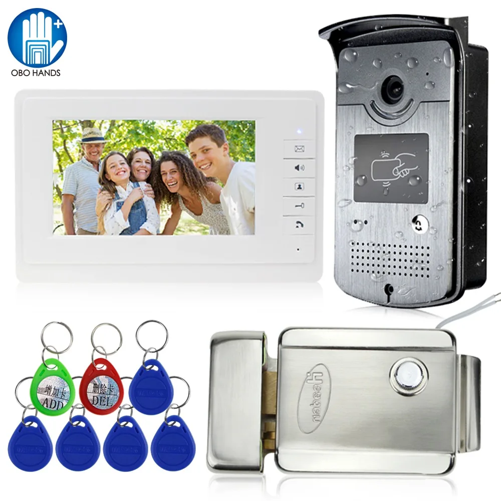 Wired Home 7'' Color Video Intercom RFID Camera with 1 Monitor Video Door Phone 500 User for Apartments with Metal Electric Lock