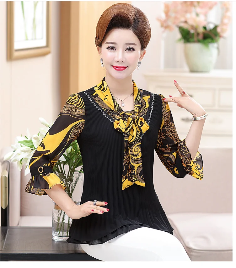 

Middle-Aged Woman Spring New Chiffon Blouse Shirt Print Pullover Top Casual Fashion High Quality Women Shirt Blusas T391