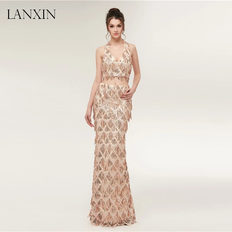 

Sparkly Sequins Two Pieces Prom Dresses Robe de Soiree Pearks Halter V Neck Backless Satin Women Evening Dresses abendkleider