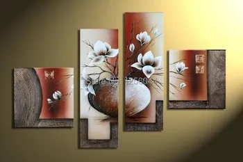 

100% Hand painted modern wall home decor canvas Magnolia oil painting landscape 4pcs/set with wood framed