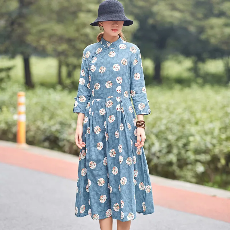 

3 Colors Retro Frog Buttons Stand Collar Three Quarter Sleeve Slim Floral Circles Dress, Summer Classical Beauty High Waist Robe