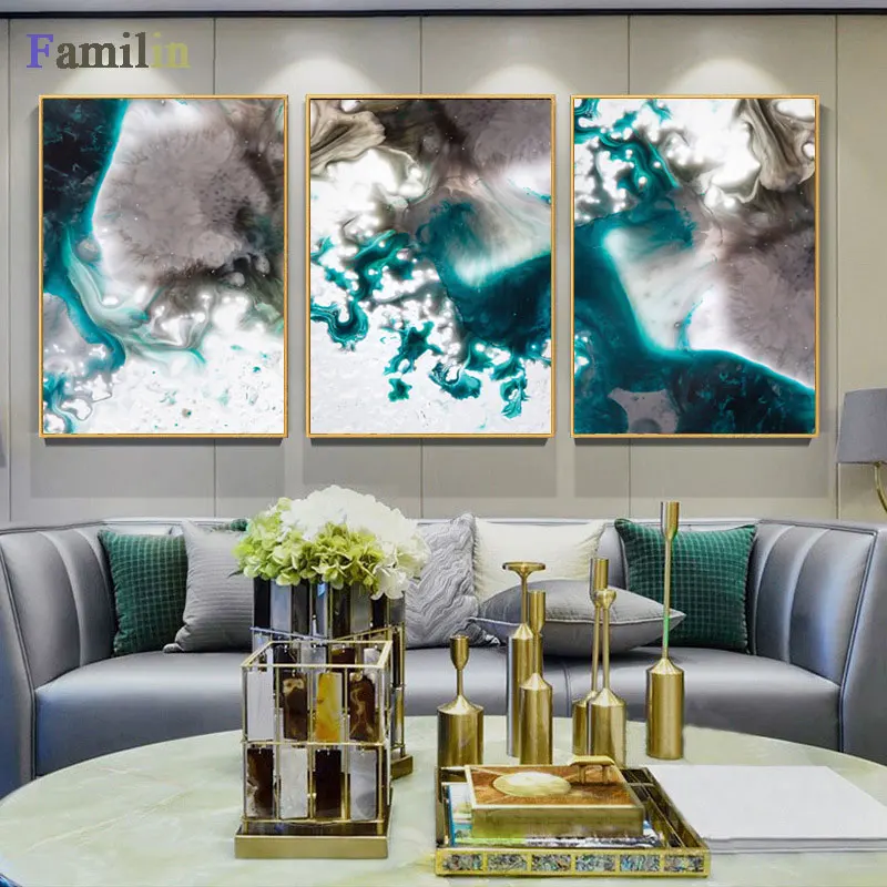 

Nordic Abstract color spalsh blue golden canvas painting poster and print unique decor wall art pictures for living room bedroom