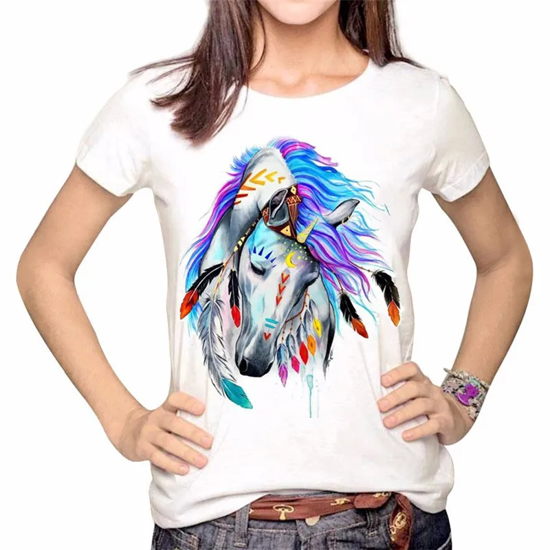 

LUSLOS Colored Drawing Horse Print Women Cotton Hot Summer T Shirt Causal Super Soft O Neck Clothes Tops Short Sleeve