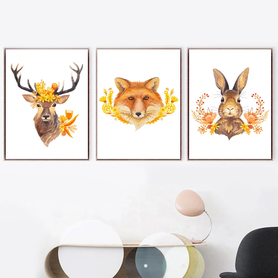 

Watercolor Deer Fox Rabbit Wall Art Canvas Painting Nordic Posters And Prints Animal Wall Pictures For Living Room Home Decor